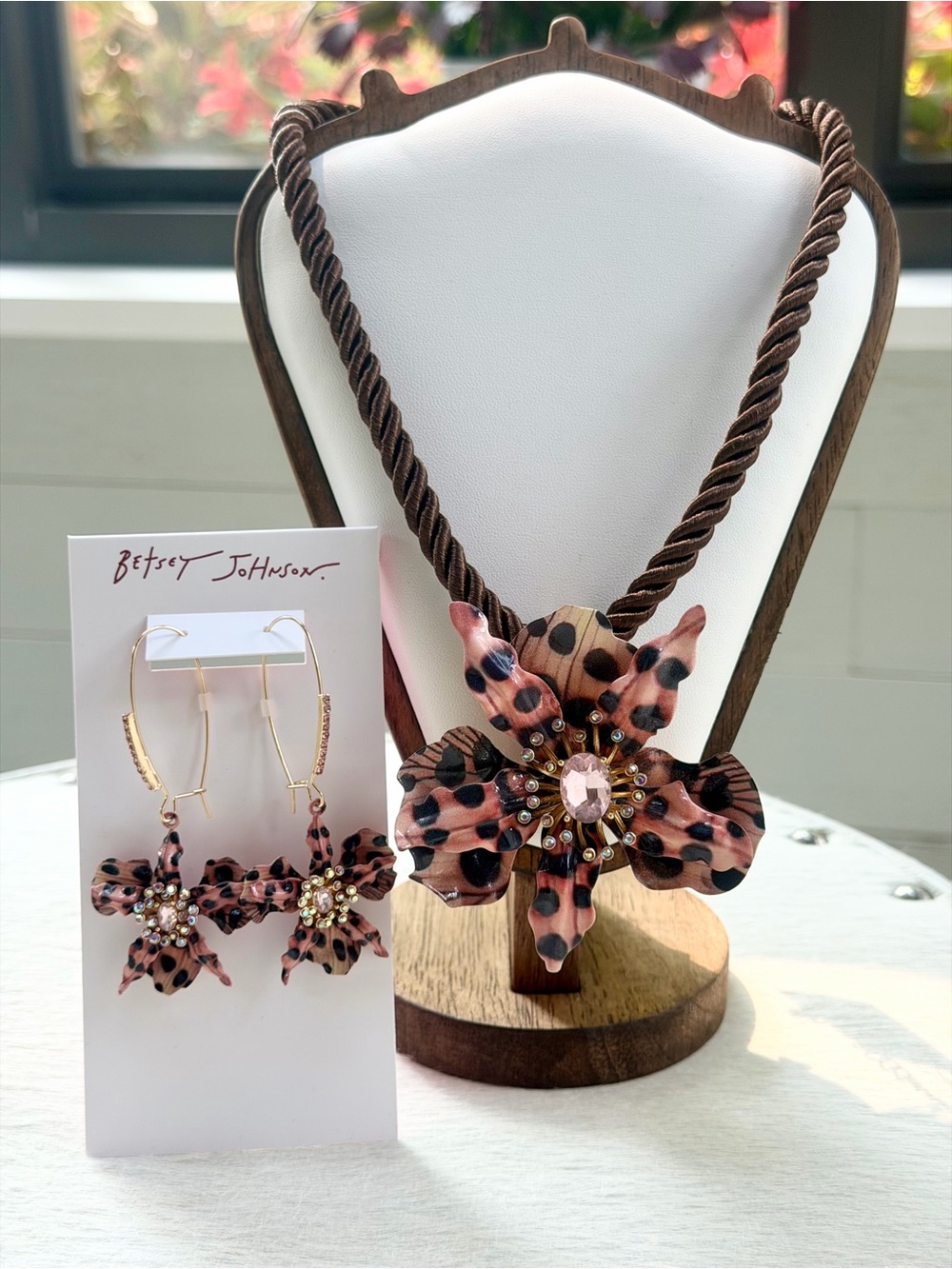 Betsey Johnson Leopard Print Orchid Rope Pendant Necklace Drop Earrings Set NWT